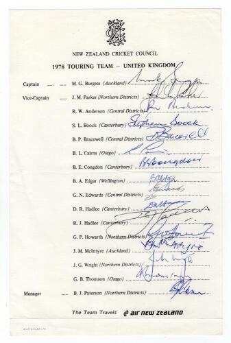New Zealand tours to England 1978 & 1986. Official New Zealand Cricket Council autograph sheet with printed title and players&rsquo; names. Nicely and fully signed in ink by all sixteen members of the 1978 New Zealand touring party. Signatures are Burgess (Capt