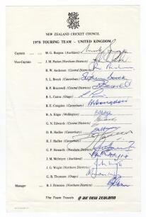 New Zealand tours to England 1978 & 1986. Official New Zealand Cricket Council autograph sheet with printed title and players&rsquo; names. Nicely and fully signed in ink by all sixteen members of the 1978 New Zealand touring party. Signatures are Burgess (Capt