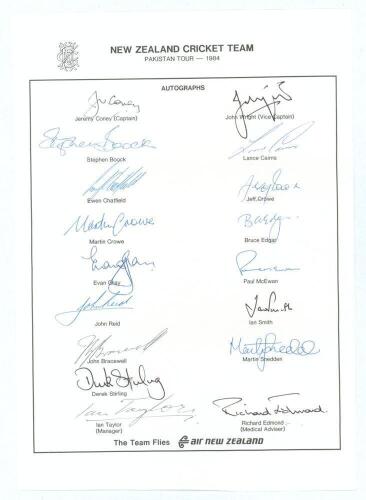 New Zealand tour to Pakistan 1984. Official autograph sheet with printed title and players&rsquo; names, fully signed in ink by the seventeen listed members of the touring party. Signatures are Coney (Captain), Wright, Boock, Cairns, Chatfield, J. Crowe, M. Cro