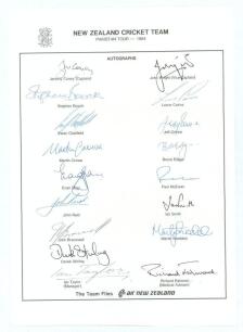 New Zealand tour to Pakistan 1984. Official autograph sheet with printed title and players&rsquo; names, fully signed in ink by the seventeen listed members of the touring party. Signatures are Coney (Captain), Wright, Boock, Cairns, Chatfield, J. Crowe, M. Cro