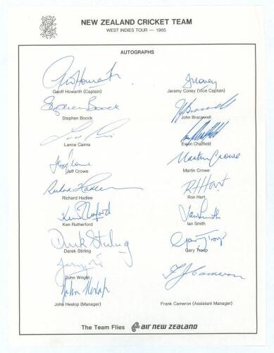 New Zealand tour to West Indies 1985. Rarer official autograph sheet with printed title and players&rsquo; names, signed in ink by all seventeen of the listed members of the touring party. Signatures are Howarth (Captain), Coney, Boock, Bracewell, Cairns, Chatf