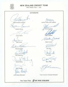 New Zealand tour to West Indies 1985. Rarer official autograph sheet with printed title and players&rsquo; names, signed in ink by all seventeen of the listed members of the touring party. Signatures are Howarth (Captain), Coney, Boock, Bracewell, Cairns, Chatf