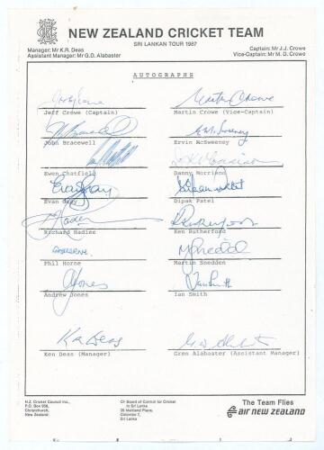 New Zealand tour to Sri Lanka 1986/87. Official autograph sheet with printed title and players&rsquo; names, fully signed by the sixteen listed tour members. Signatures are J. Crowe (Captain), M. Crowe, Bracewell, Chatfield, Gray, R. Hadlee, Horne, Jones, McSwe