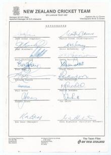 New Zealand tour to Sri Lanka 1986/87. Official autograph sheet with printed title and players&rsquo; names, fully signed by the sixteen listed tour members. Signatures are J. Crowe (Captain), M. Crowe, Bracewell, Chatfield, Gray, R. Hadlee, Horne, Jones, McSwe