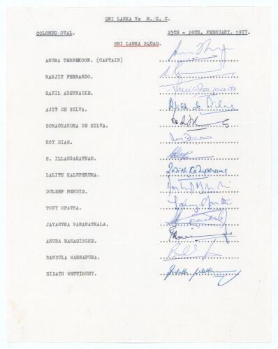 Sri Lanka 1977. Official autograph sheet with printed title and players&rsquo; names, signed in ink by all fourteen members of the Sri Lanka team for the M.C.C. match played at the Colombo Oval 25th-28th February 1977. Signatures are Tennekoon (Captain), Fernan