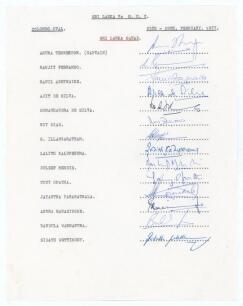 Sri Lanka 1977. Official autograph sheet with printed title and players&rsquo; names, signed in ink by all fourteen members of the Sri Lanka team for the M.C.C. match played at the Colombo Oval 25th-28th February 1977. Signatures are Tennekoon (Captain), Fernan
