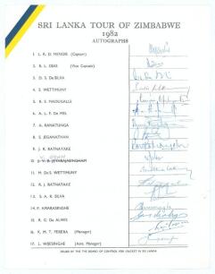 Sri Lanka tour to Zimbabwe 1982. Official autograph sheet with printed title and players&rsquo; names, fully signed in ink by all seventeen listed members of the Sri Lanka touring party. Signatures are Mendis (Captain), Dias, D.S. de Silva, S. Wettimuny, Maduga