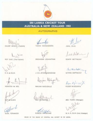 Sri Lanka tour to Australia & New Zealand 1982/83. Official autograph sheet issued by the Board of Control for Cricket in Sri Lanka with printed title and players&rsquo; names. Fully signed in ink by all eighteen listed members of the touring party. Players&rsquo; si