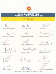 Sri Lanka tour to Australia & New Zealand 1982/83. Official autograph sheet issued by the Board of Control for Cricket in Sri Lanka with printed title and players&rsquo; names. Fully signed in ink by all eighteen listed members of the touring party. Players&rsquo; si