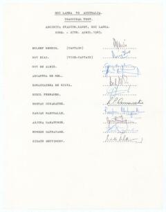 &lsquo;Sri Lanka vs Australia. Inaugural Test&rsquo; 1983. Official autograph sheet with typed title and players&rsquo; names for the (only) Test, at the Asgiriya Stadium, Kandy, 22nd- 27th April 1983. Fully signed by the eleven listed members of the Sri Lanka team. Signat