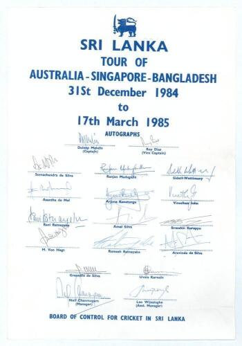 Sri Lanka tour to Australia, Singapore and Bangladesh 1984/85. Large official autograph sheet with printed title and players&rsquo; names, fully signed in ink by all eighteen listed members of the Sri Lanka touring party. Players&rsquo; signatures are Mendis (Captain