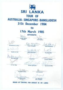 Sri Lanka tour to Australia, Singapore and Bangladesh 1984/85. Large official autograph sheet with printed title and players&rsquo; names, fully signed in ink by all eighteen listed members of the Sri Lanka touring party. Players&rsquo; signatures are Mendis (Captain