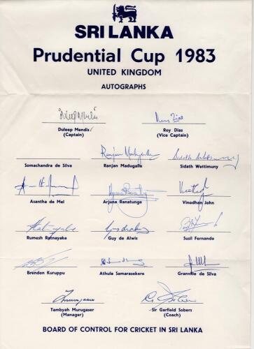 Sri Lanka tour to England, Prudential World Cup 1983. Official autograph sheet with printed title and players&rsquo; names, fully signed in ink by all sixteen listed members of the Sri Lanka touring party. Signatures are Mendis (Captain), Dias, S. de Silva, Mad