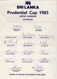 Sri Lanka tour to England, Prudential World Cup 1983. Official autograph sheet with printed title and players&rsquo; names, fully signed in ink by all sixteen listed members of the Sri Lanka touring party. Signatures are Mendis (Captain), Dias, S. de Silva, Mad