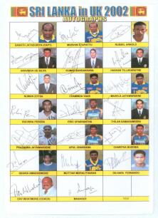 Sri Lanka 1991. Official autograph sheet for the Sri Lankan tour of England 1991. Eighteen signatures including De Silva, Gurusinha, Muralitheran, Tillakaratne, Ataputta, Ratnayake, Mahanama etc. Sold with a further printed sheet for the 2002 tour of Engl