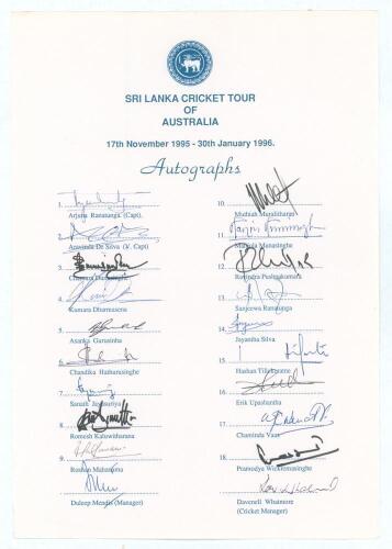 &lsquo;Sri Lanka Cricket Tour of Australia&rsquo; 1995/96. Official autograph sheet with printed title and players&rsquo; names, fully signed in blue and black ink by all twenty members of the touring party. Players&rsquo; signatures are A. Ranatunga (Captain), De Silva, Dumasin
