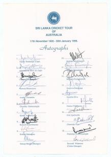 &lsquo;Sri Lanka Cricket Tour of Australia&rsquo; 1995/96. Official autograph sheet with printed title and players&rsquo; names, fully signed in blue and black ink by all twenty members of the touring party. Players&rsquo; signatures are A. Ranatunga (Captain), De Silva, Dumasin
