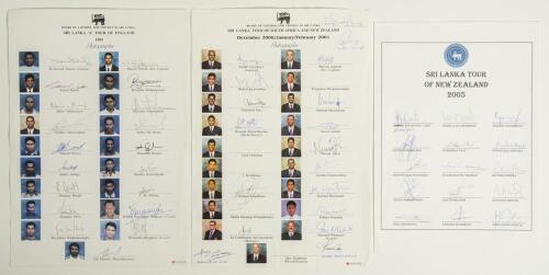 Sri Lanka overseas tours 1999-2001. Three official autograph sheets. Tours are Sri Lanka &lsquo;A&rsquo; tour to England 1999 fully signed by all nineteen, full tours to New Zealand 2005 fully signed by all fifteen, and to South Africa and New Zealand 2000/01 signed 