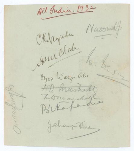&lsquo;All India 1932&rsquo; tour of England. Album page signed in ink and pencil by nine members of the India touring party. Signatures include Nayudu (Test Captain), Colah, Wazar Ali, N.D. Marshall, Bahadur Kapadia, Jahangir Khan, Armar Singh, Naoomal and Nissar. A