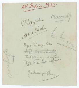 &lsquo;All India 1932&rsquo; tour of England. Album page signed in ink and pencil by nine members of the India touring party. Signatures include Nayudu (Test Captain), Colah, Wazar Ali, N.D. Marshall, Bahadur Kapadia, Jahangir Khan, Armar Singh, Naoomal and Nissar. A