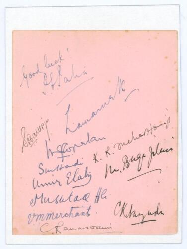 All Indian tour of England 1936. Album page signed in ink by twelve members of the Indian touring party to England in 1936 Signatures include Nayudu, Ramaswamy, Merchant, Banergee, Meherhomji, Gopalan, Palia, Armanath, Mustaq Ali, Amir Elahi etc. Sold wit