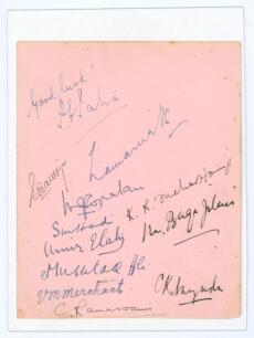 All Indian tour of England 1936. Album page signed in ink by twelve members of the Indian touring party to England in 1936 Signatures include Nayudu, Ramaswamy, Merchant, Banergee, Meherhomji, Gopalan, Palia, Armanath, Mustaq Ali, Amir Elahi etc. Sold wit