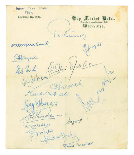 India tour to England 1946. Autograph sheet on Hop Market Hotel, Worcester letterhead fully signed in ink by all seventeen members of the India touring party. Signatures include Nawab of Pataudi (captain), V.M. Merchant, V.S. Hazare, R.S. Modi, M.H. Manka
