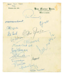 India tour to England 1946. Autograph sheet on Hop Market Hotel, Worcester letterhead fully signed in ink by all seventeen members of the India touring party. Signatures include Nawab of Pataudi (captain), V.M. Merchant, V.S. Hazare, R.S. Modi, M.H. Manka