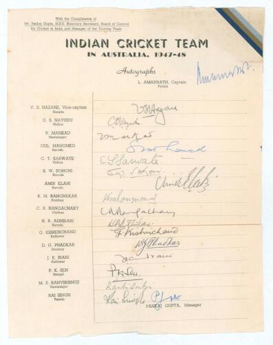 India tour to Australia 1947/48. Very rare official autograph sheet with printed title and players&rsquo; names, fully signed in ink by all eighteen listed members of the touring party. Signatures are Amarnath (Captain), Hazare, Nayudu, Mankad, Gul Mahomed, Soh