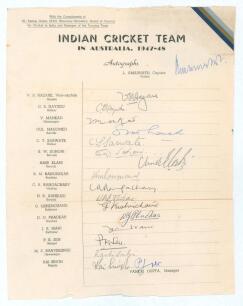 India tour to Australia 1947/48. Very rare official autograph sheet with printed title and players&rsquo; names, fully signed in ink by all eighteen listed members of the touring party. Signatures are Amarnath (Captain), Hazare, Nayudu, Mankad, Gul Mahomed, Soh