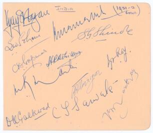 India v England 1951/52. Large album page very nicely signed in blue ink by the twelve members of the India team for the drawn 2nd Test played at the Brabourne Stadium, Bombay, 14th- 19th December 1951. Signatures are Hazare (Captain), Sohoni, Amarnath, S