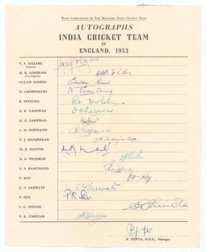India Cricket Team in England 1952. Rare official autograph sheet, with printed title and players&rsquo; names, fully signed in different coloured inks by eighteen members of the India touring party including the Manager P. Gupta. Players&rsquo; signatures include V.