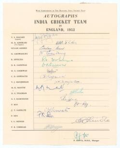 India Cricket Team in England 1952. Rare official autograph sheet, with printed title and players&rsquo; names, fully signed in different coloured inks by eighteen members of the India touring party including the Manager P. Gupta. Players&rsquo; signatures include V.