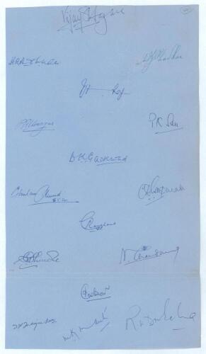 All Indian tour of England 1952. A large ledger size sheet of blue paper very nicely signed in ink by sixteen members of the Indian touring party to England in 1952 . Signatures include Hazare, Roy, Gaekwad, Shinde, Umrigar, Mantri, Ahmed, Sen, Ramchand e