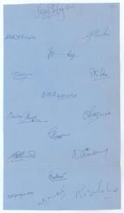 All Indian tour of England 1952. A large ledger size sheet of blue paper very nicely signed in ink by sixteen members of the Indian touring party to England in 1952 . Signatures include Hazare, Roy, Gaekwad, Shinde, Umrigar, Mantri, Ahmed, Sen, Ramchand e