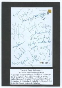 India 1950s-2010s. Twenty signatures, the majority Test cricketers, in blue biro on headed hotel page of &lsquo;Furama Singapore Guest Stationery&rsquo;. Signatures include A. Chopra, L. Sivaramakrishnan, C.P.S. Chauhan, K. Srikkanth, B.S. Chandrasekhar, A. Jadeja, V