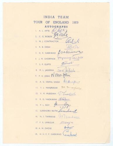 &lsquo;India Team Tour of England 1959&rsquo;. Official autograph sheet with printed title and players&rsquo; names. Fully and nicely signed in ink by all nineteen listed members of the India touring party. Signatures are Apte, Borde, Contractor, Desai, D.K. Gaekwad, Ghorp