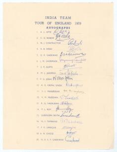 &lsquo;India Team Tour of England 1959&rsquo;. Official autograph sheet with printed title and players&rsquo; names. Fully and nicely signed in ink by all nineteen listed members of the India touring party. Signatures are Apte, Borde, Contractor, Desai, D.K. Gaekwad, Ghorp