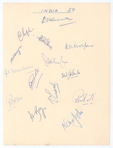 All Indian tour of England 1959. Plain page of paper nicely signed in ink by fourteen members of the Indian touring party to England in 1959. Signatures include Gaekwad (Cpt), Roy, Desai, Tamhane, Nadkarni, Ahmed, Jaismha etc. Only lacking Manjrekar, Bord