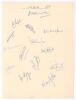 All Indian tour of England 1959. Plain page of paper nicely signed in ink by fourteen members of the Indian touring party to England in 1959. Signatures include Gaekwad (Cpt), Roy, Desai, Tamhane, Nadkarni, Ahmed, Jaismha etc. Only lacking Manjrekar, Bord
