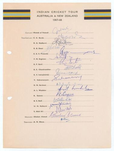 India tour to Australia & New Zealand 1967/68. Rarer official autograph sheet with printed title and players&rsquo; names, fully signed in ink by all eighteen listed members of the touring party. Signatures are Nawad of Pataudi (Captain), Borde, Nadkarni, Desai