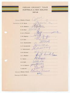 India tour to Australia & New Zealand 1967/68. Rarer official autograph sheet with printed title and players&rsquo; names, fully signed in ink by all eighteen listed members of the touring party. Signatures are Nawad of Pataudi (Captain), Borde, Nadkarni, Desai