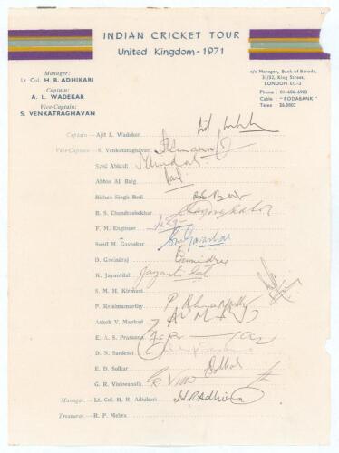 India tour of England 1971. Official autograph sheet with printed title and players&rsquo; names, signed in ink by all eighteen of the listed members of the touring party. Signatures are Wadekar (Cpt), Venkataraghavan, Abidali, Baig, Bedi, Chandrasekhar, Engine