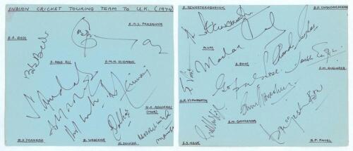Indian tour of England 1974. Two large blue album pages nicely signed in ink by seventeen members of the Indian touring party to England in 1974 including the Manager. Signatures include Wadekar (Cpt), Prasanna, Venkat, Engineer, Bedi, Ali, Solkar, Mankad