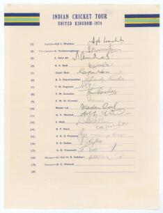 India tour of England 1974. Official autograph sheet with printed title and players&rsquo; names, nicely and fully signed in blue and black ink by all nineteen listed members of the touring party. Players&rsquo; signatures are Wadekar (Cpt), Venkataraghavan, Abid Ali