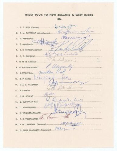 India tour to New Zealand and West Indies 1976. Rarer official autograph sheet with printed title and players&rsquo; names, fully signed in ink by the nineteen members of the touring party. Signatures are Bishen Bedi (Cpt), Gavaskar, M. Amarnath, S. Amarnath, 