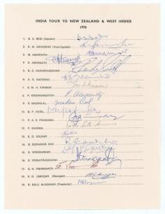 India tour to New Zealand and West Indies 1976. Rarer official autograph sheet with printed title and players&rsquo; names, fully signed in ink by the nineteen members of the touring party. Signatures are Bishen Bedi (Cpt), Gavaskar, M. Amarnath, S. Amarnath, 