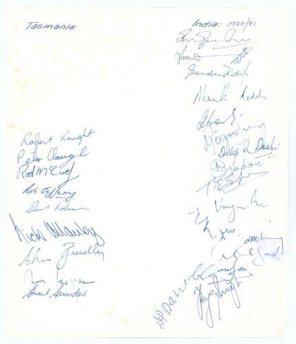 Indian tour of Australia 1980/81. &lsquo;Tasmania v India 1980&rsquo;. Sheet of paper signed in ink by fifteen members of the Indian touring party and nine of the Tasmanian team who played in Launceston on the 14th December 1980 (one day match). Signatures include Ga