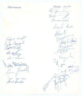 Indian tour of Australia 1980/81. &lsquo;Tasmania v India 1980&rsquo;. Sheet of paper signed in ink by fifteen members of the Indian touring party and nine of the Tasmanian team who played in Launceston on the 14th December 1980 (one day match). Signatures include Ga