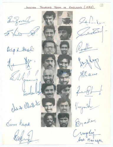 Indian tour of England 1982. Plain sheet of paper, with pen pictures of the players to centre and signed to their image by eighteen members of the touring party including the Assistant manager. Signatures include Gavaskar (Cpt), Kapil Dev, Viswanath, Dosh